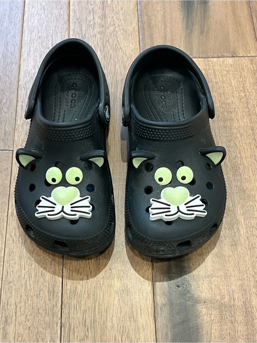 CROCS Kids Black Cat Clogs with Lime Accents
